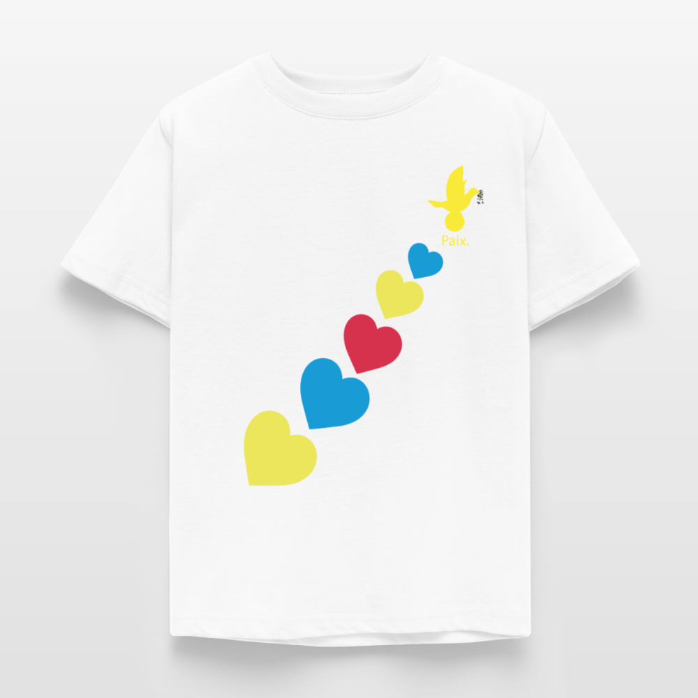 T-shirt Enfant trisomie 21 Paix jaune - Lusoquot - blanc