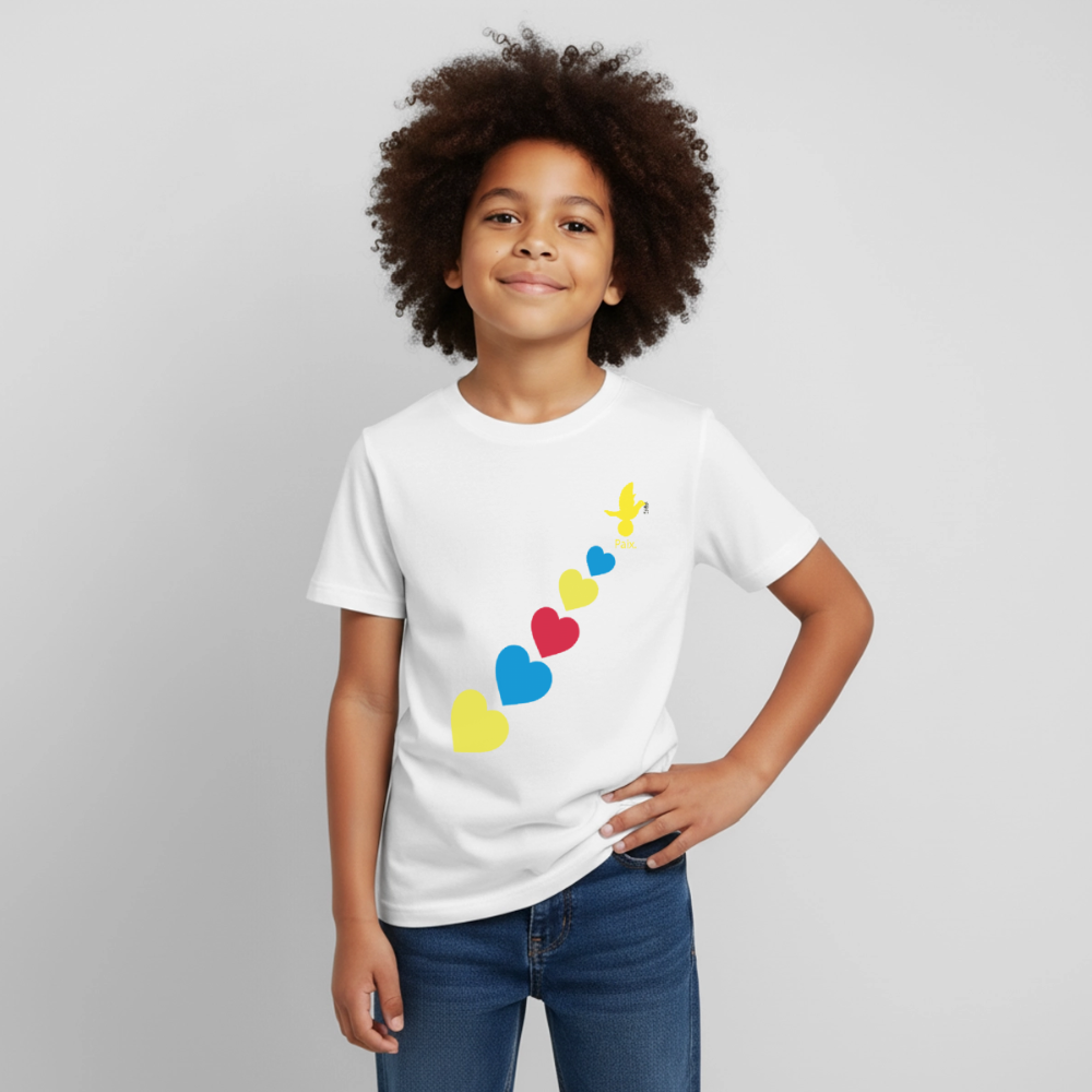 T-shirt Enfant trisomie 21 Paix jaune - Lusoquot - blanc