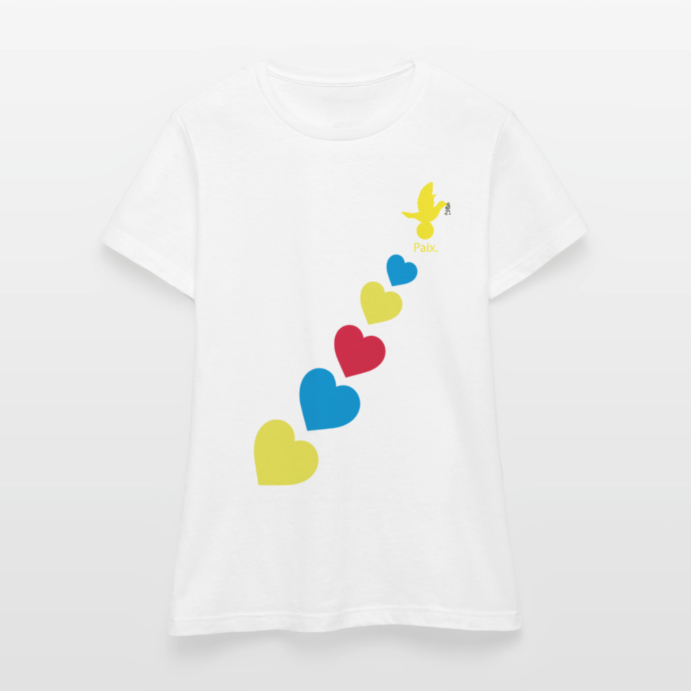 T-shirt Femme trisomie 21 Paix jaune - Lusoquot - blanc