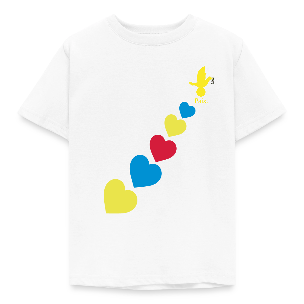 T-shirt Enfant trisomie 21 Paix jaune - Lusoquot - blanc