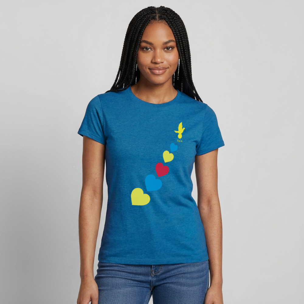 T-shirt Femme trisomie 21 Paix jaune - Lusoquot - bleu saphir antique chiné