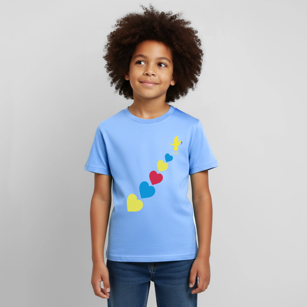 T-shirt Enfant trisomie 21 Paix jaune - Lusoquot - bleu ciel