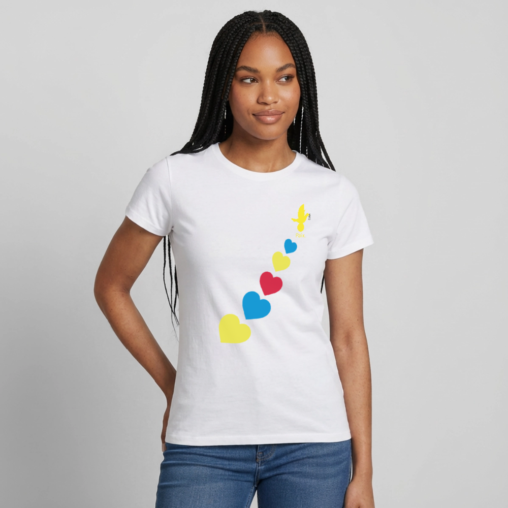 T-shirt Femme trisomie 21 Paix jaune - Lusoquot - blanc