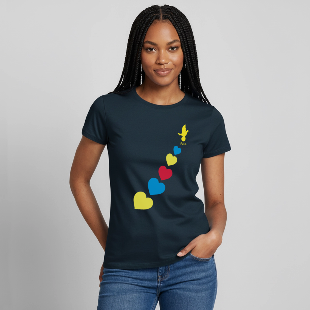 T-shirt Femme trisomie 21 Paix jaune - Lusoquot - marine
